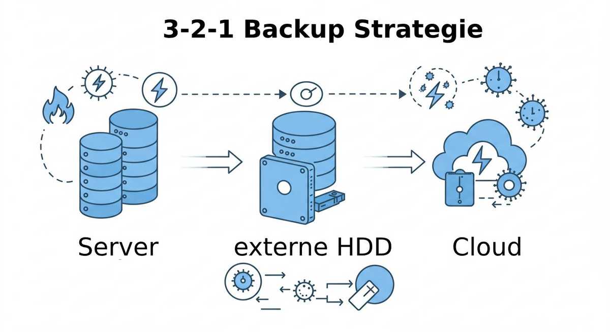 Visualisierung der 3-2-1 Backup-Strategie zum Schutz vor Datenverlust.