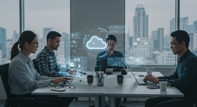Mitarbeiter arbeiten kollaborativ an einem modernen Arbeitsplatz dank Cloud-Lösung