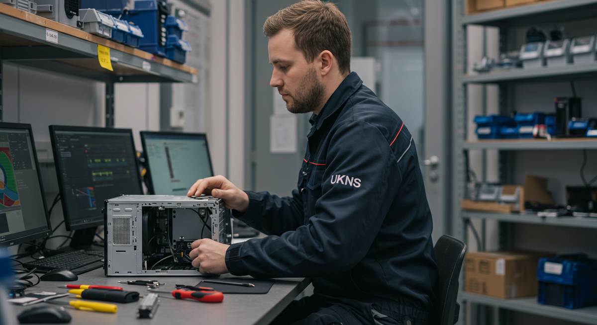 Professioneller Techniker bei der Computer Reparatur in der Werkstatt in Leipzig