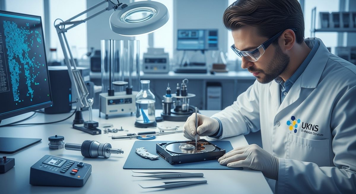 Geöffnete Festplatte in einem Datenrettungslabor