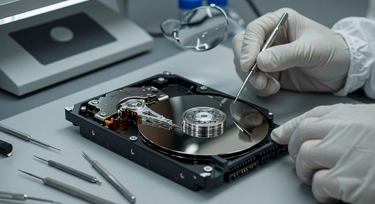 Ein Techniker untersucht eine geöffnete Festplatte zur Datenrettung in einem Labor.