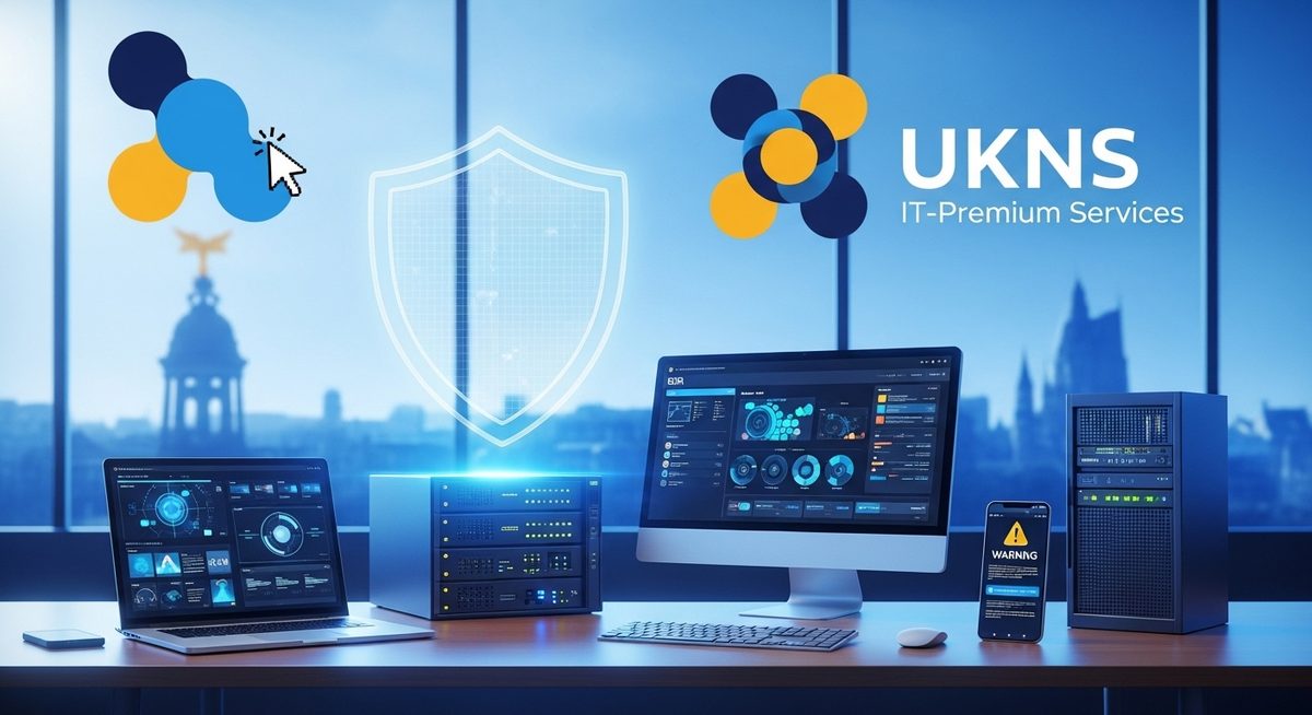 Symbol für Endpoint Security: Ein Schutzschild über Laptops und Servern in einem Leipziger Unternehmen