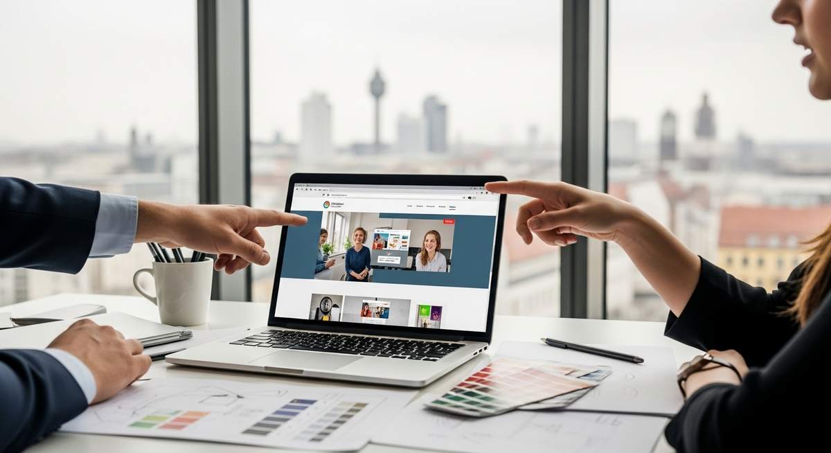 Designer arbeitet an einem modernen Firmen-Webseiten-Layout in Leipzig