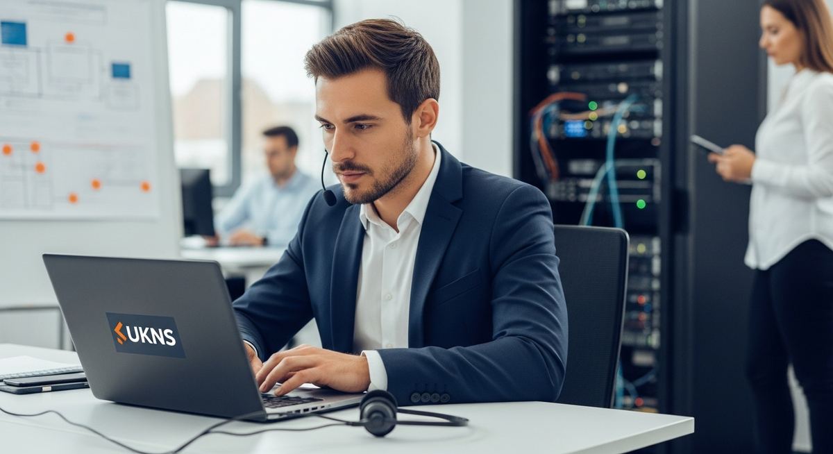 Professioneller IT-Support-Mitarbeiter in Leipzig hilft einem Firmenkunden am Laptop, als Symbol für Partnerschaft und Vertrauen
