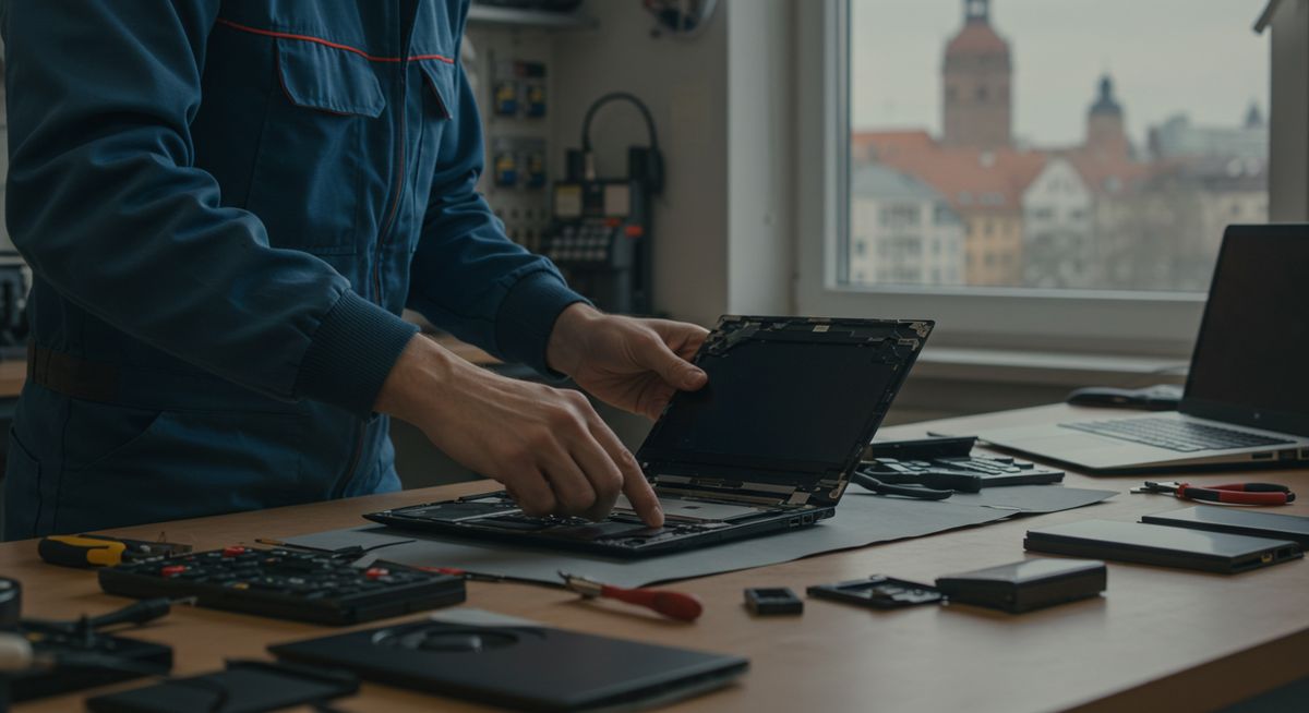 Ein IT-Techniker repariert einen geöffneten Laptop in einer Werkstatt in Leipzig