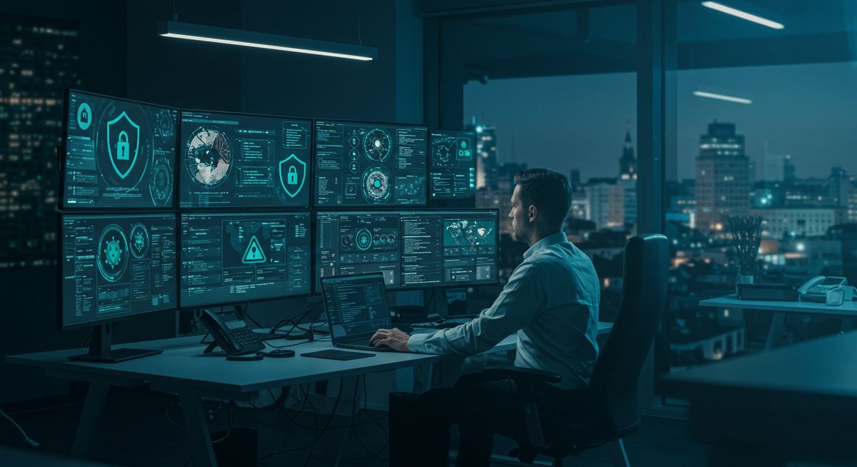 Ein IT-Experte überwacht den Virenschutz-Status mehrerer Computer auf einem Dashboard