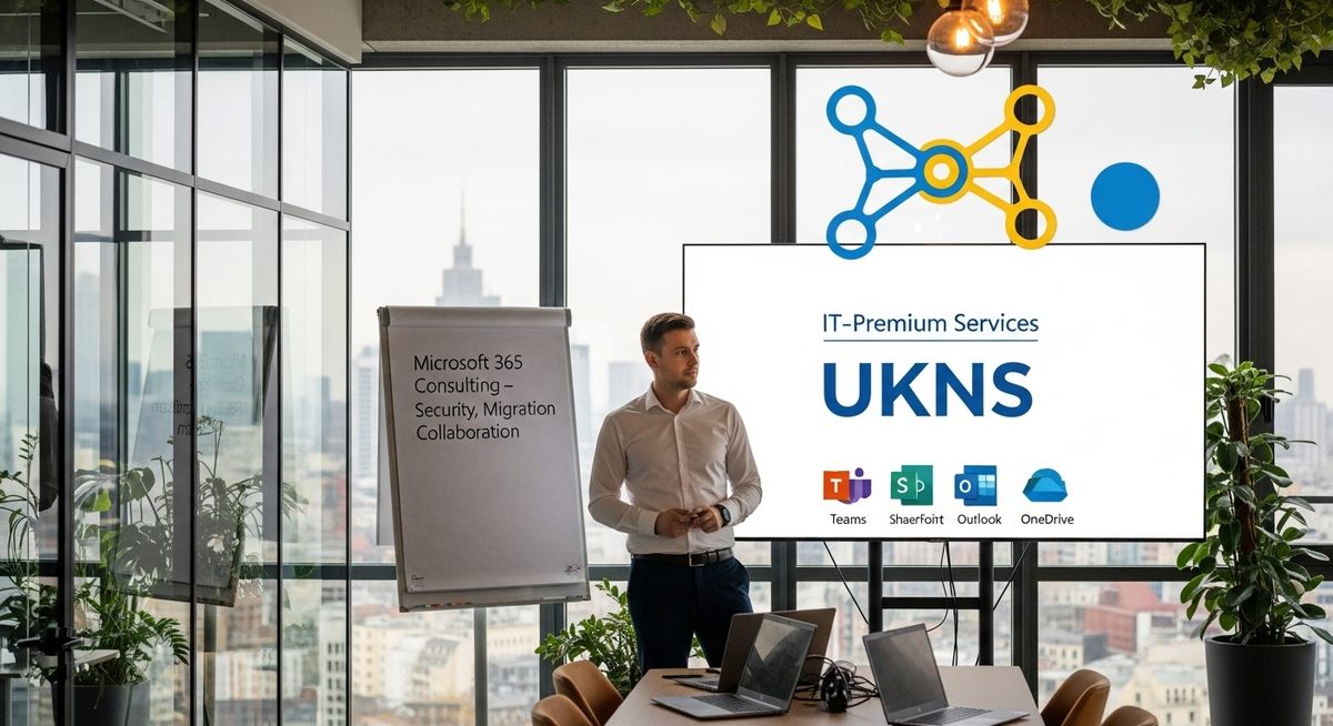 Collage der Microsoft 365 Icons (Teams, SharePoint, Outlook) mit Leipzig-Skyline