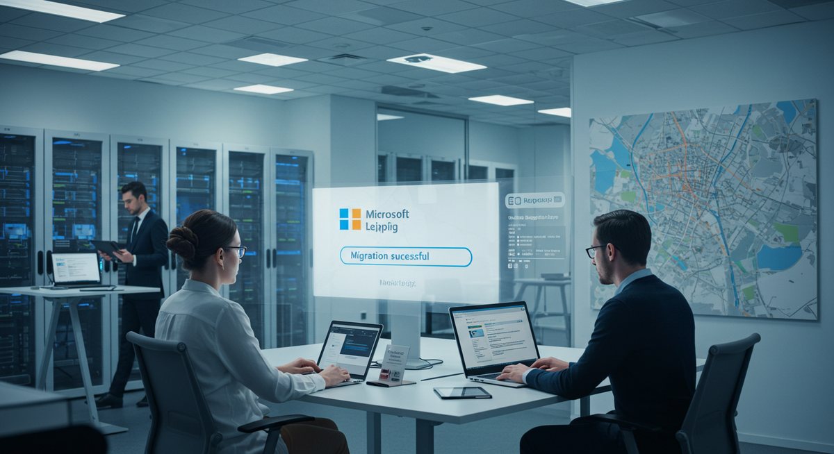 Symbol für eine sichere Microsoft 365 Migration: Datenpakete fliegen von einem Server in die Cloud über Leipzig
