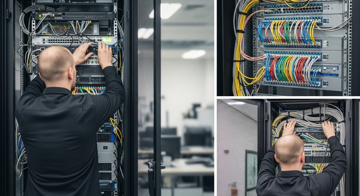 IT-Techniker bei der Installation und Wartung eines Netzwerkschranks in Leipzig