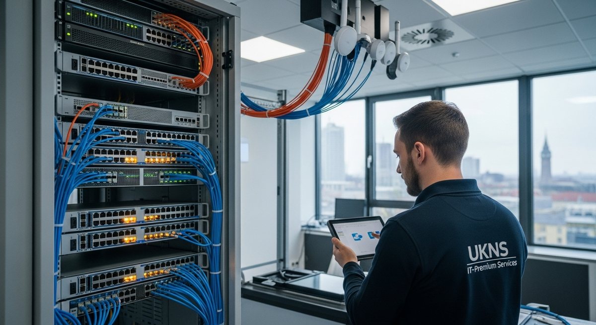 Symbolbild für Netzwerktechnik: Ein Switch mit vielen angeschlossenen Netzwerkkabeln.
