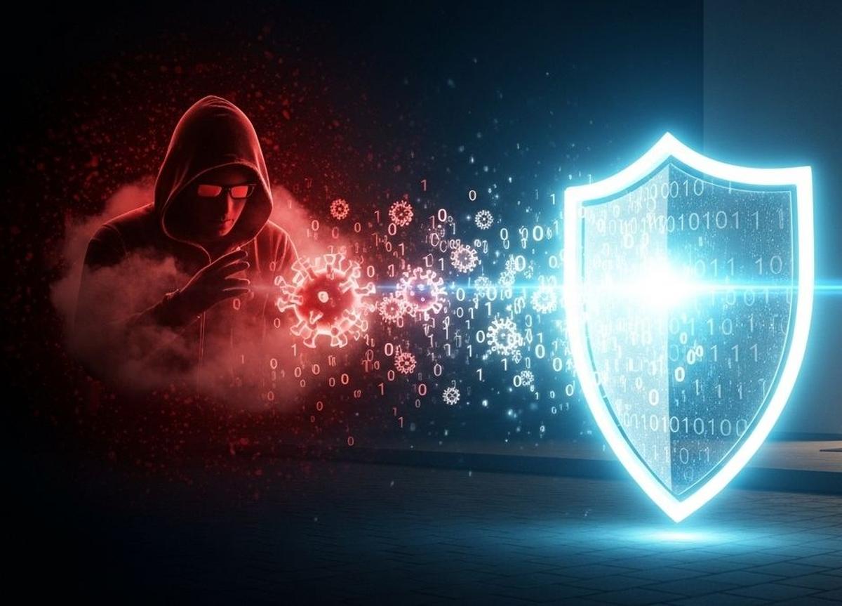 Symbol für Ransomware-Schutz: Ein digitales Schutzschild wehrt einen Cyberangriff ab