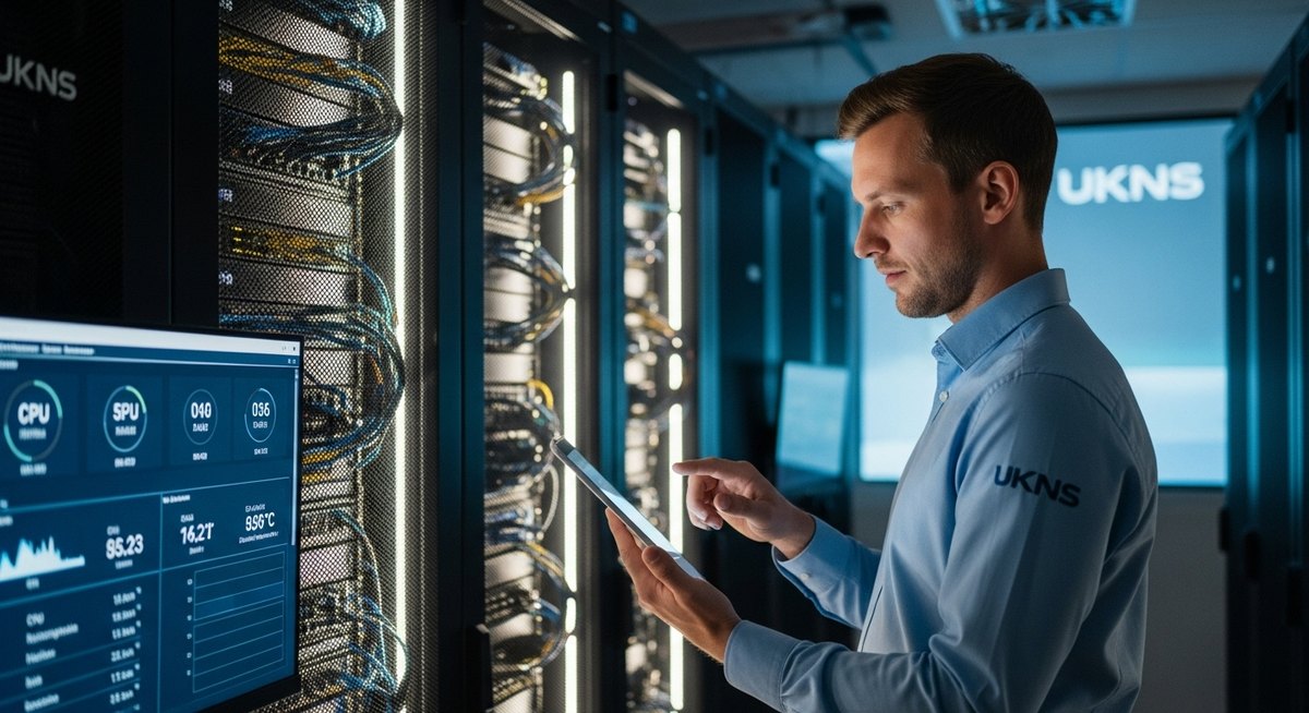 Ein IT-Spezialist bei der professionellen Server-Wartung in einem Rechenzentrum
