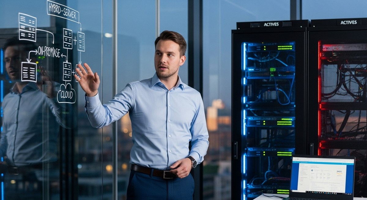 Symbolbild für Serverlösungen: Eine Person arbeitet an einem Server-Rack in einem Rechenzentrum.