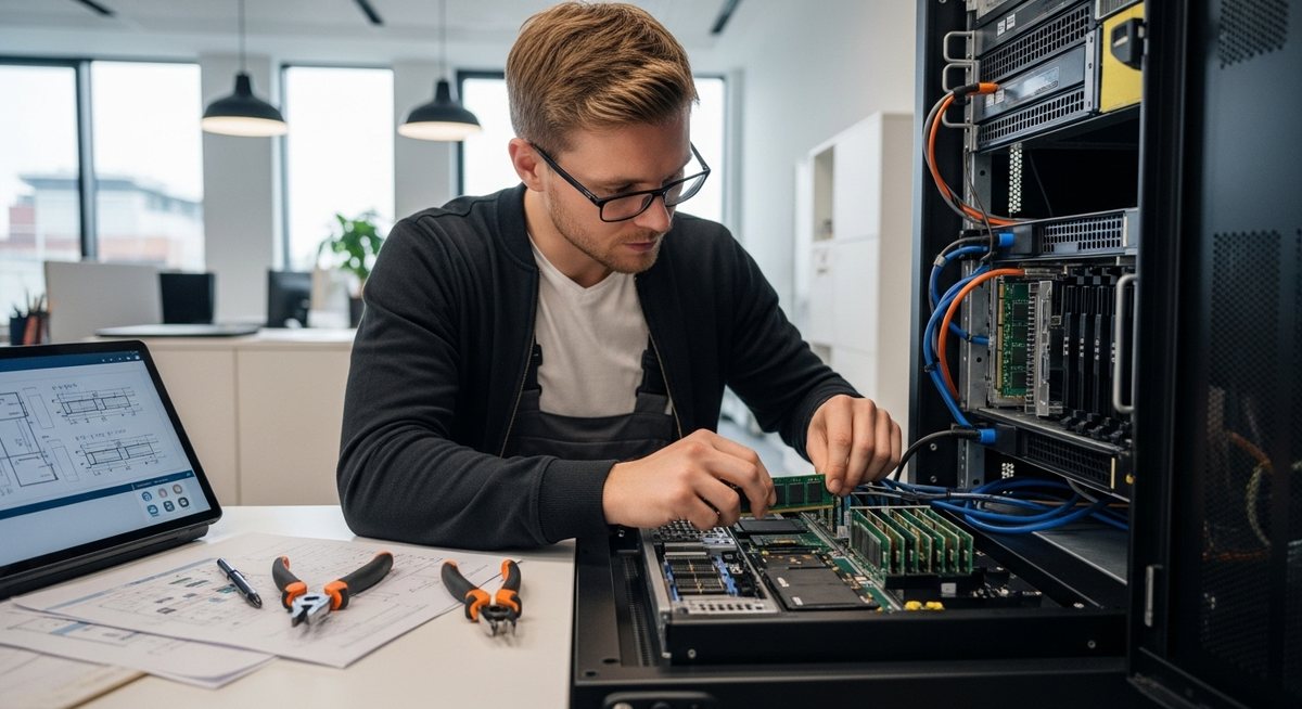 Techniker bei der Wartung von Servern in einem Serverraum in Leipzig