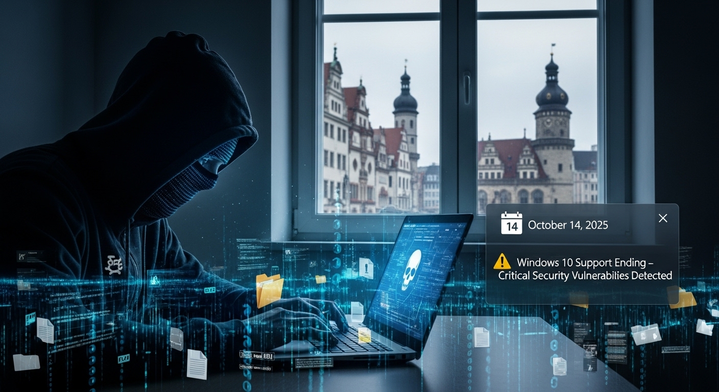 Ein Kalenderblatt zeigt das End-Datum für den Windows 10 Support, daneben ein Computer