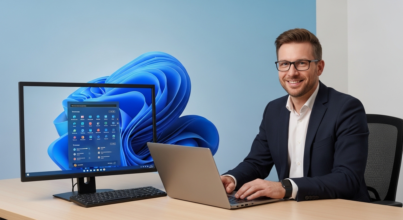Ein moderner Laptop mit Windows 11, der den reibungslosen Umstieg symbolisiert