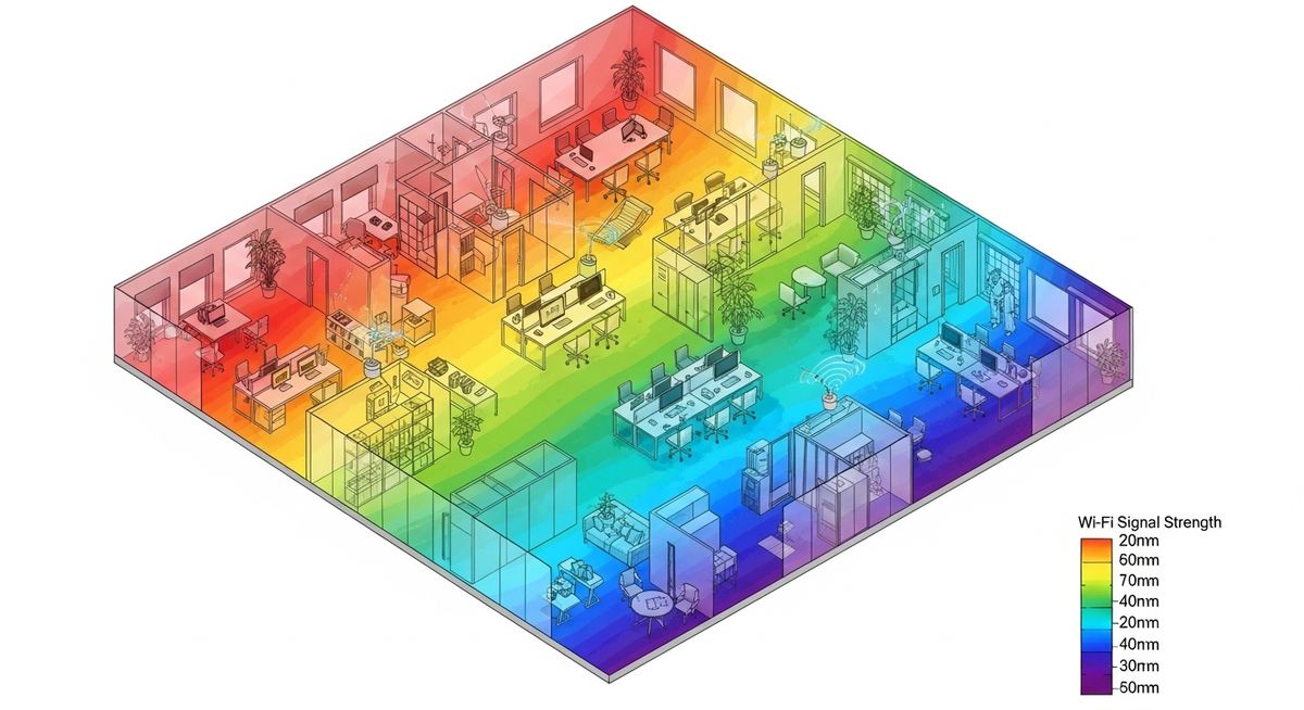 Grafik einer WLAN-Ausleuchtung mit einer Heatmap, die die Signalstärke in einem Büro visualisiert