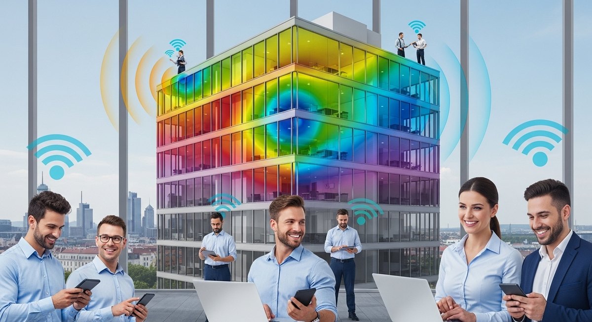 Symbol für WLAN-Probleme: Ein schwaches WLAN-Signal über einer modernen Büro-Umgebung in Leipzig